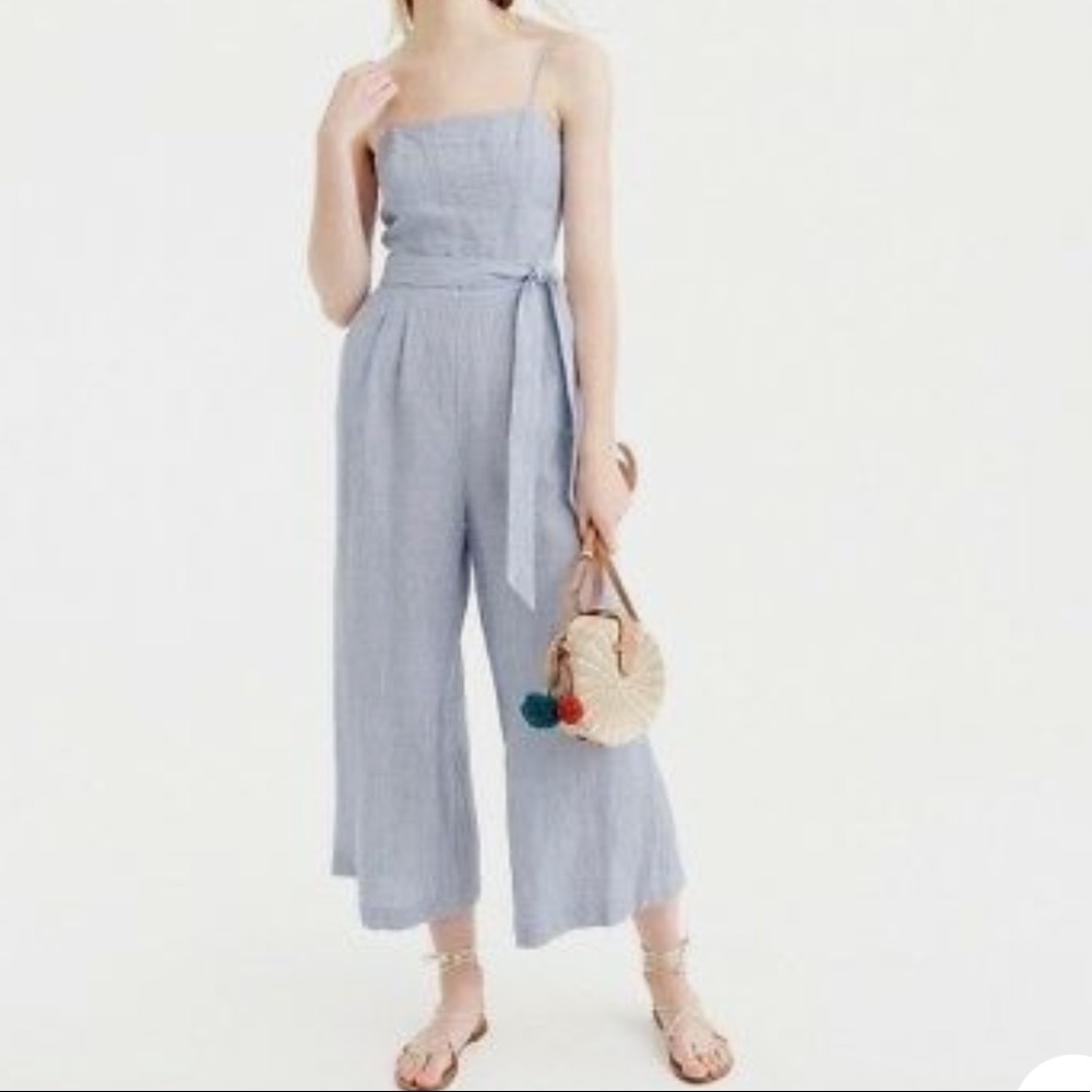 J.Crew Women Sz 10 Blue Stripe‎ Waist Tie Wide Leg Back Zip Romper Jumpsuit NWOT